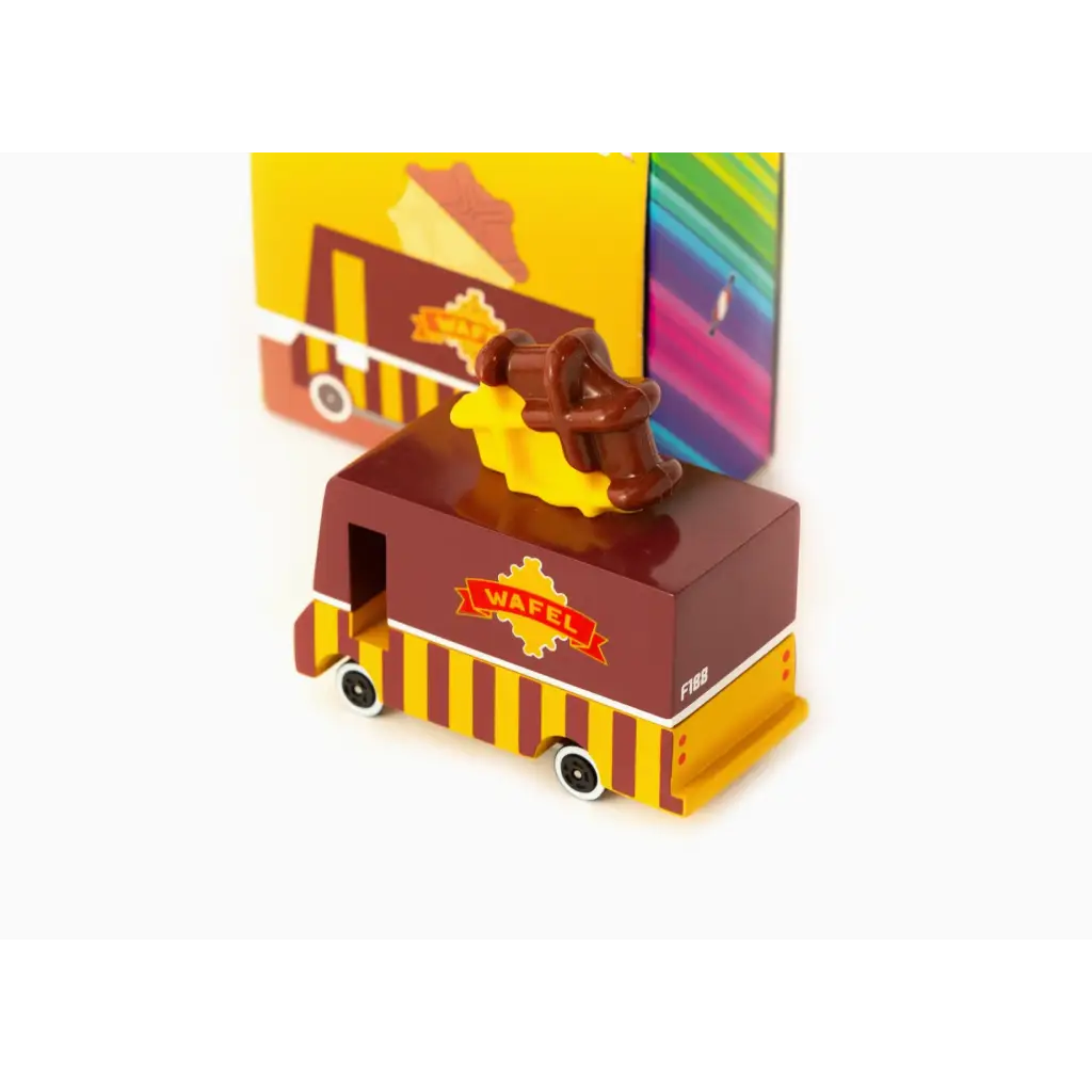 Chocolate-colored Waffle Van Toy Truck with striped accents made of solid beech wood