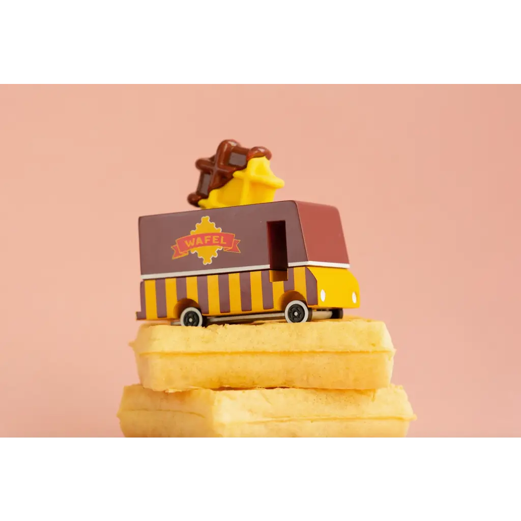 Waffle Van Toy Truck on stacked yellow butter blocks with chocolate dipped waffle top