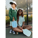 Two pickleball players in Wave Wash Fleece Shorts enjoying a casual game together