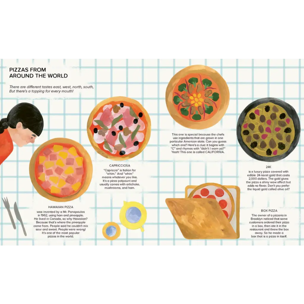 Illustrated page of global pizza varieties in the Love Pizza Book exploring delicious history