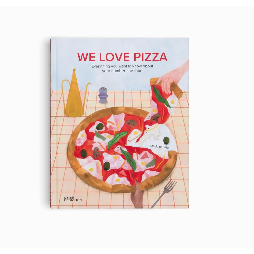 We Love Pizza book cover with a colorful pizza on a checkered surface