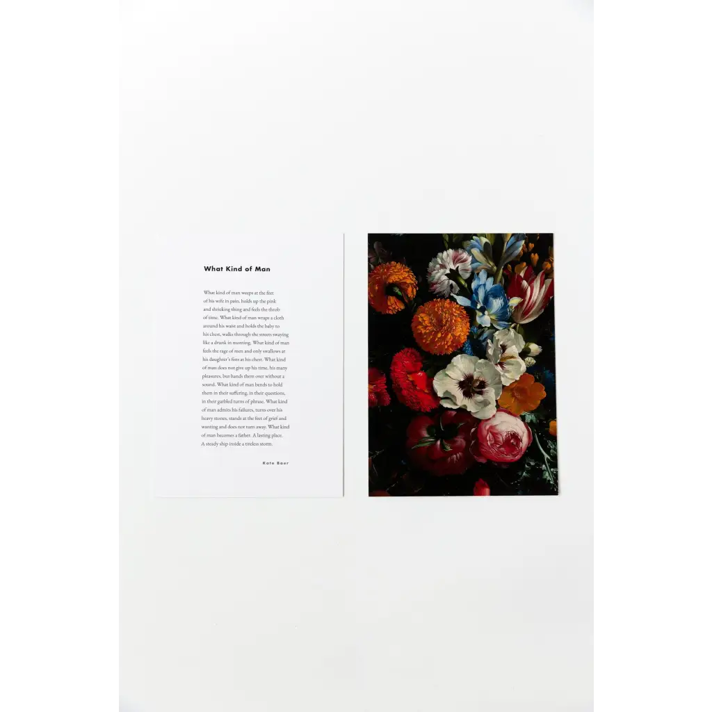 Colorful floral still life with poetry excerpts and free shipping feature on magazine page