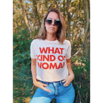 Mom crop t-shirt with Kate Baers what kind of woman text on white tee