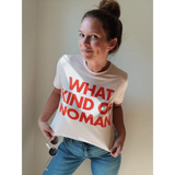 White mom crop t-shirt with red What Kind of Woman text from Kate Baers Polished Prints