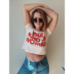 White mom crop t-shirt with red What Kind of Woman text and sunglasses