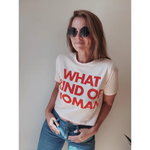 Cream-colored mom crop tee with Kate Baers what kind of woman text and distressed jeans