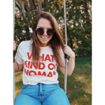 White mom crop t-shirt with red What Kind of Woman text and heart sunglasses
