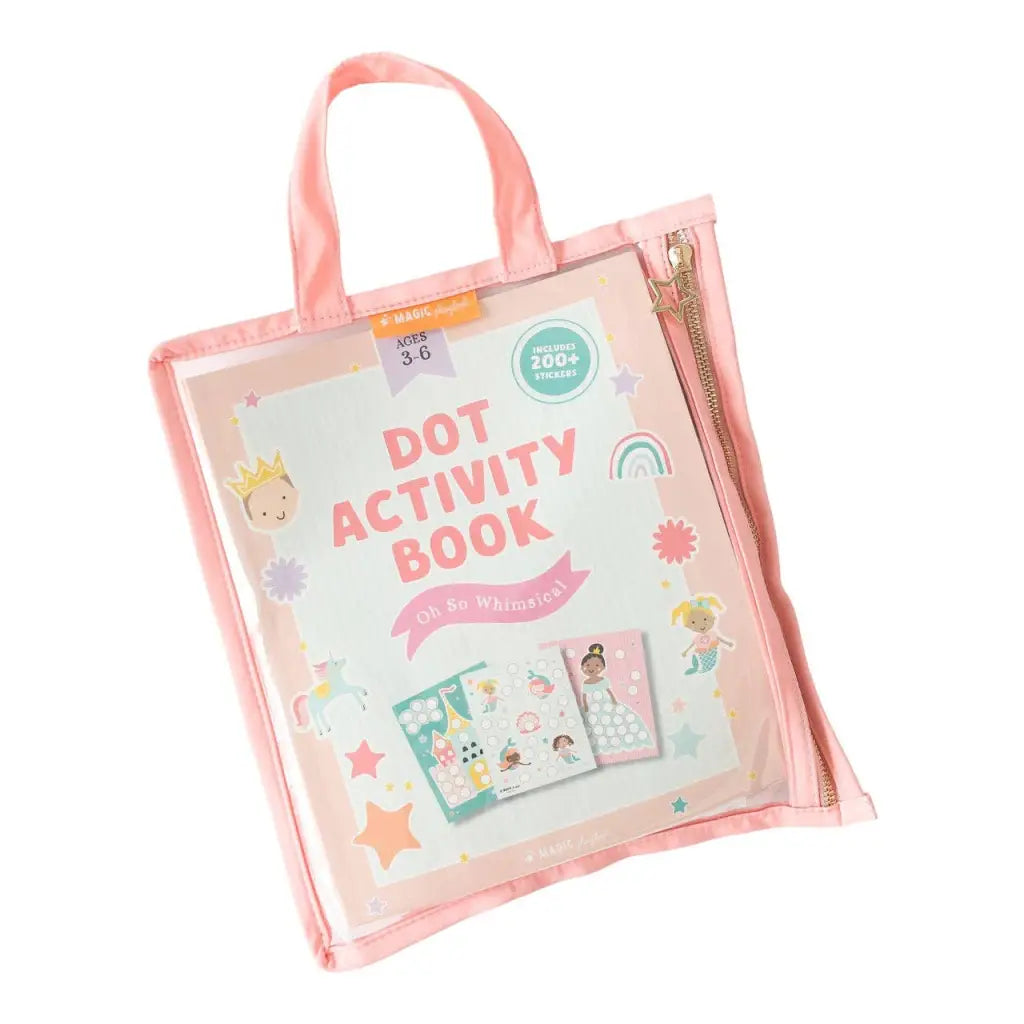 Whimsical kids activity kit in pink reusable zippered pouch with dot book