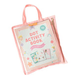 Whimsical kids activity kit in pink reusable zippered pouch with dot book
