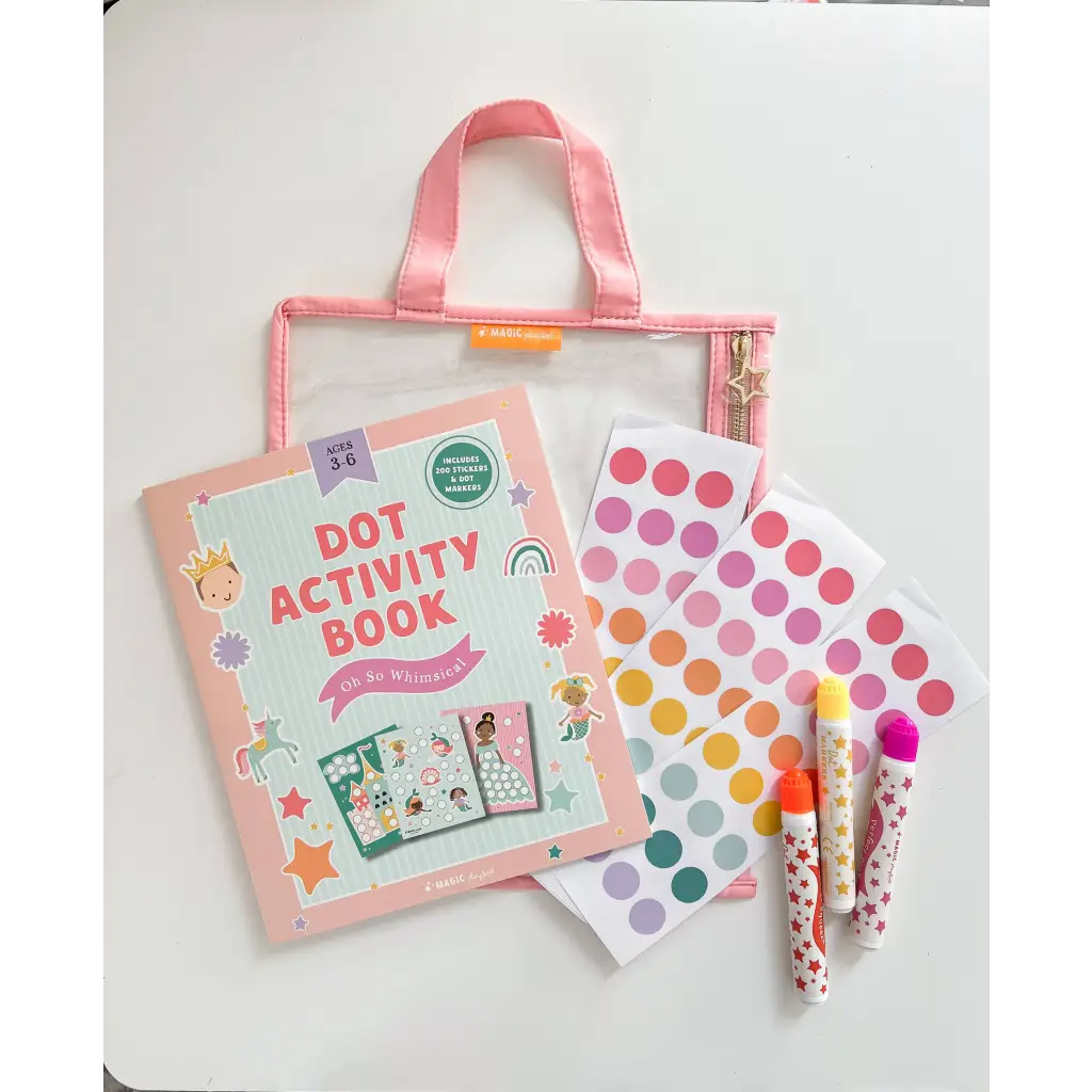 Pink reusable zippered pouch in whimsical kids activity kit