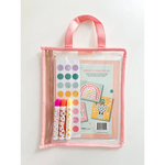 Whimsical kids activity kit in pink reusable zippered pouch with markers