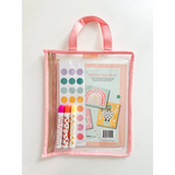 Whimsical kids activity kit in pink reusable zippered pouch with markers