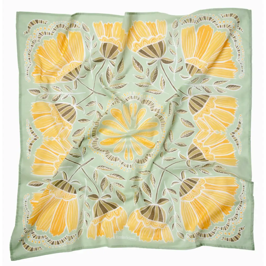 Mint Green Floral Silk Bandana 34x34 inches designed with yellow flowers in a chic pattern