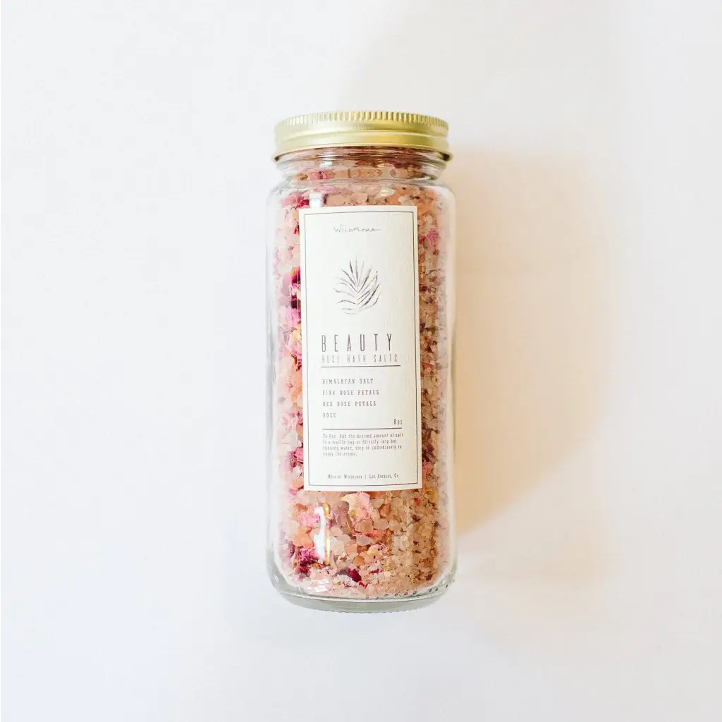WildFlora bath salts jar with pink white Himalayan crystals gold lid