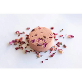 WildFlora pinkish-brown bath bomb with rose petals, sodium bicarbonate, citric acid