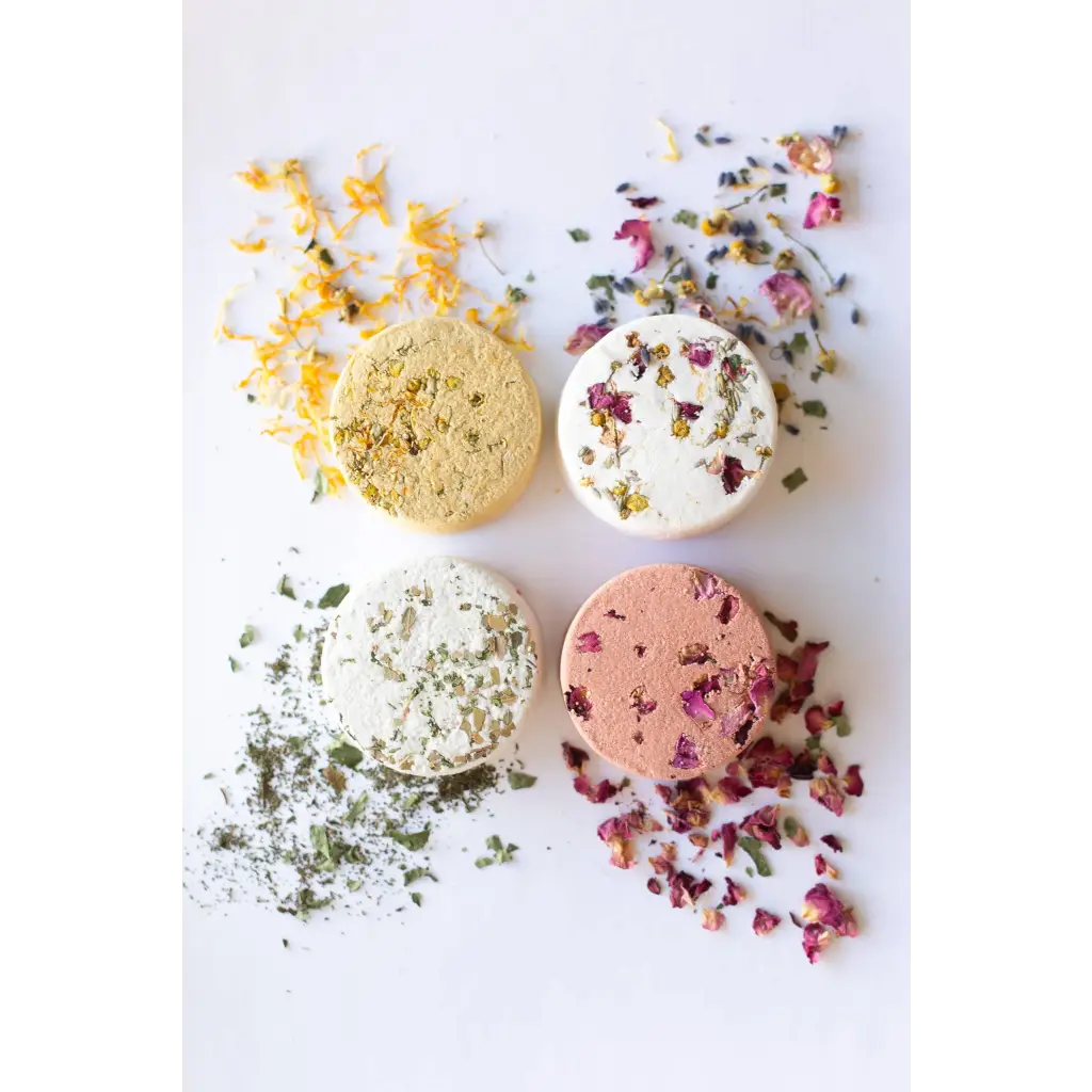 WildFlora Bath Soak Set: 4 colorful bath bombs with flowers, herbs, sodium bicarbonate, citric acid, witch hazel