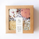 WildFlora LA bath soak set in kraft box with 4 flower bombs, sodium bicarbonate, citric acid, witch hazel