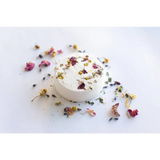 WildFlora round white bath bomb with rose petals, lavender, sodium bicarbonate, citric acid