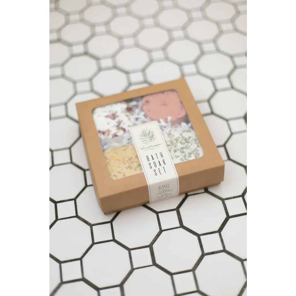 Virea WildFlora Bath Soak Set box with colorful salts, botanicals, sodium bicarbonate, citric acid, witch hazel