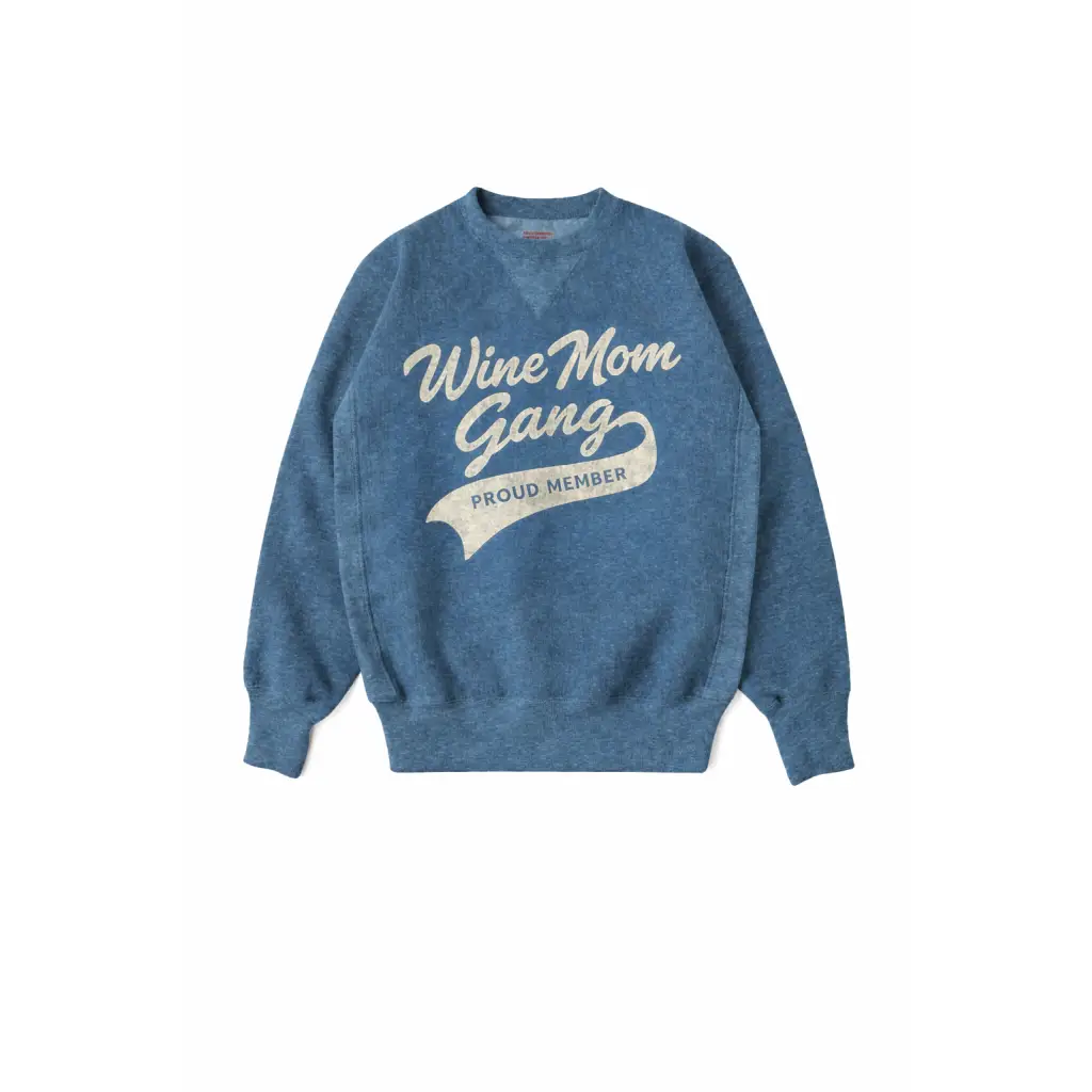 Blue heathered Wine Mom Gang sweatshirt with proud member banner