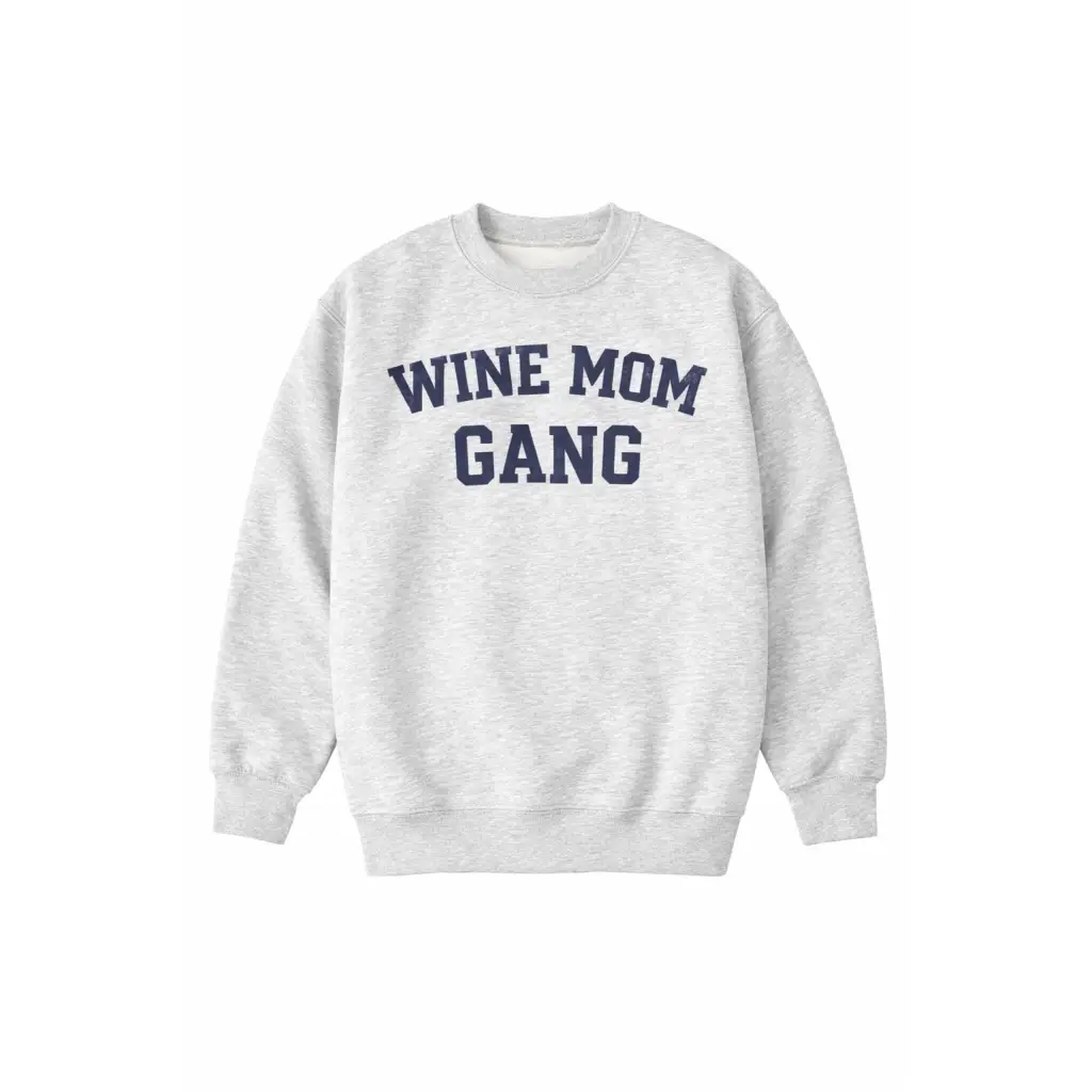 Heather gray Wine Mom Gang sweatshirt with navy collegiate print