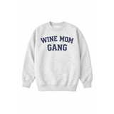 Heather gray Wine Mom Gang sweatshirt with navy collegiate print