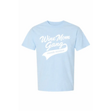 Light blue Wine Mom Gang t-shirt with proud member graphic