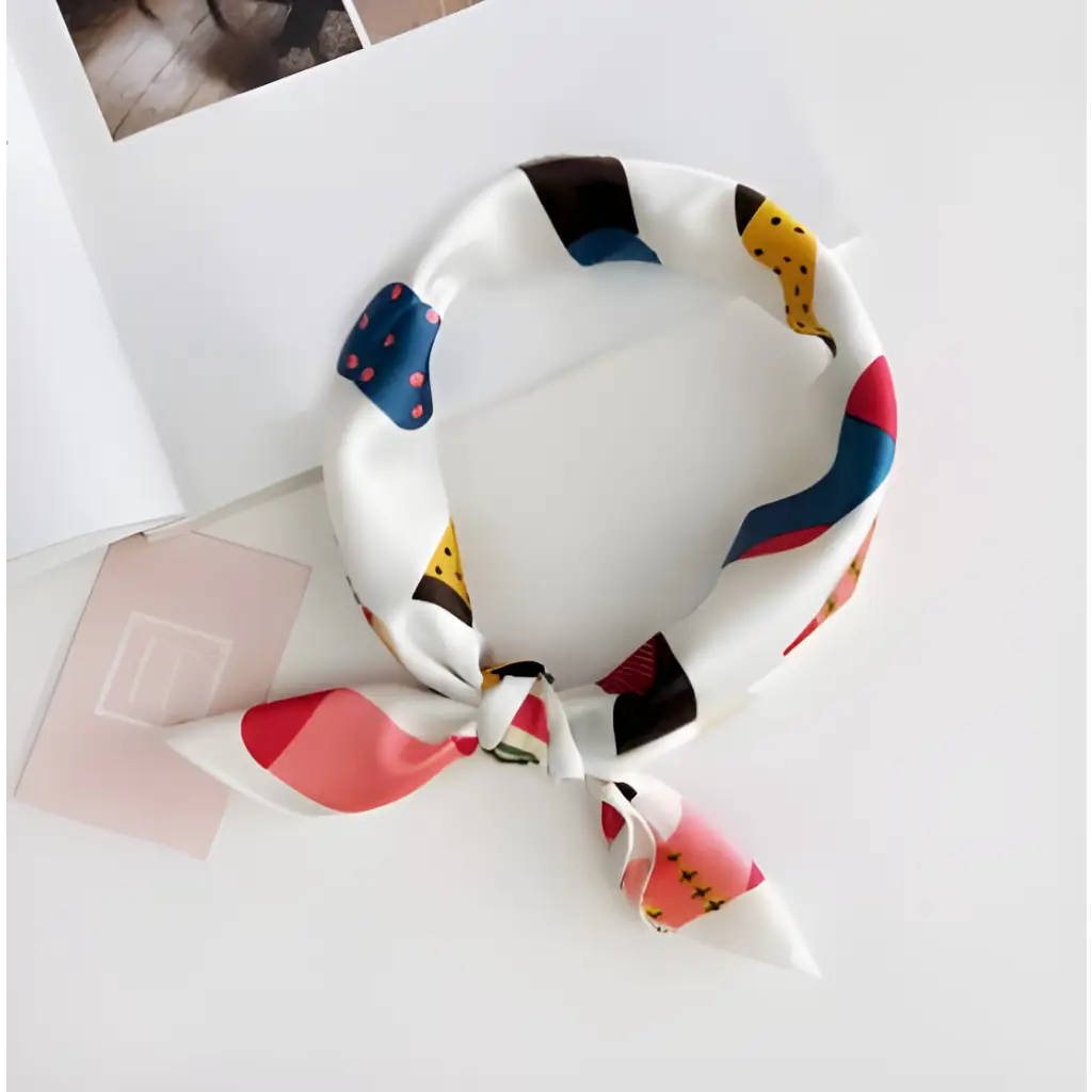 White silk Winnie Scarf with cute stocking print and colorful geometric patterns tied
