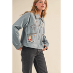 Light blue Winnie Western Embroidery Suede Jacket with embroidered horse and cowboy boot design