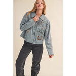 Light blue Winnie Western Embroidery Suede Jacket with embroidered horse and horseshoe design
