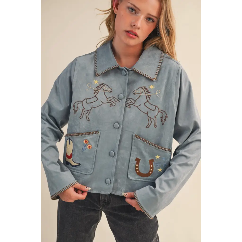 Light blue Winnie Western Embroidery Suede Jacket with embroidered horses and stars