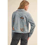 Winnie Western Embroidery Suede Jacket with cowboy hat and rope design in light blue