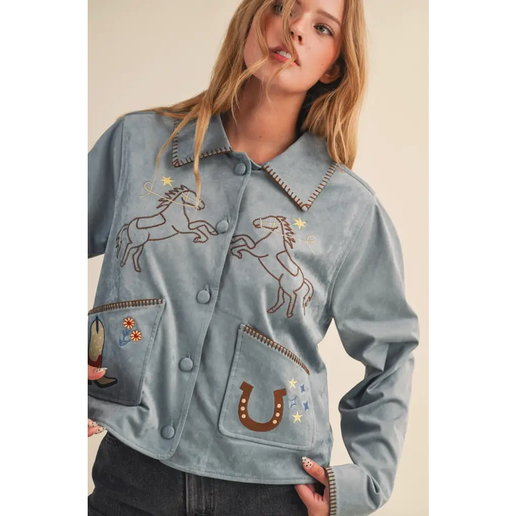 Blue western embroidery suede jacket with embroidered horses and horseshoes, brown trim