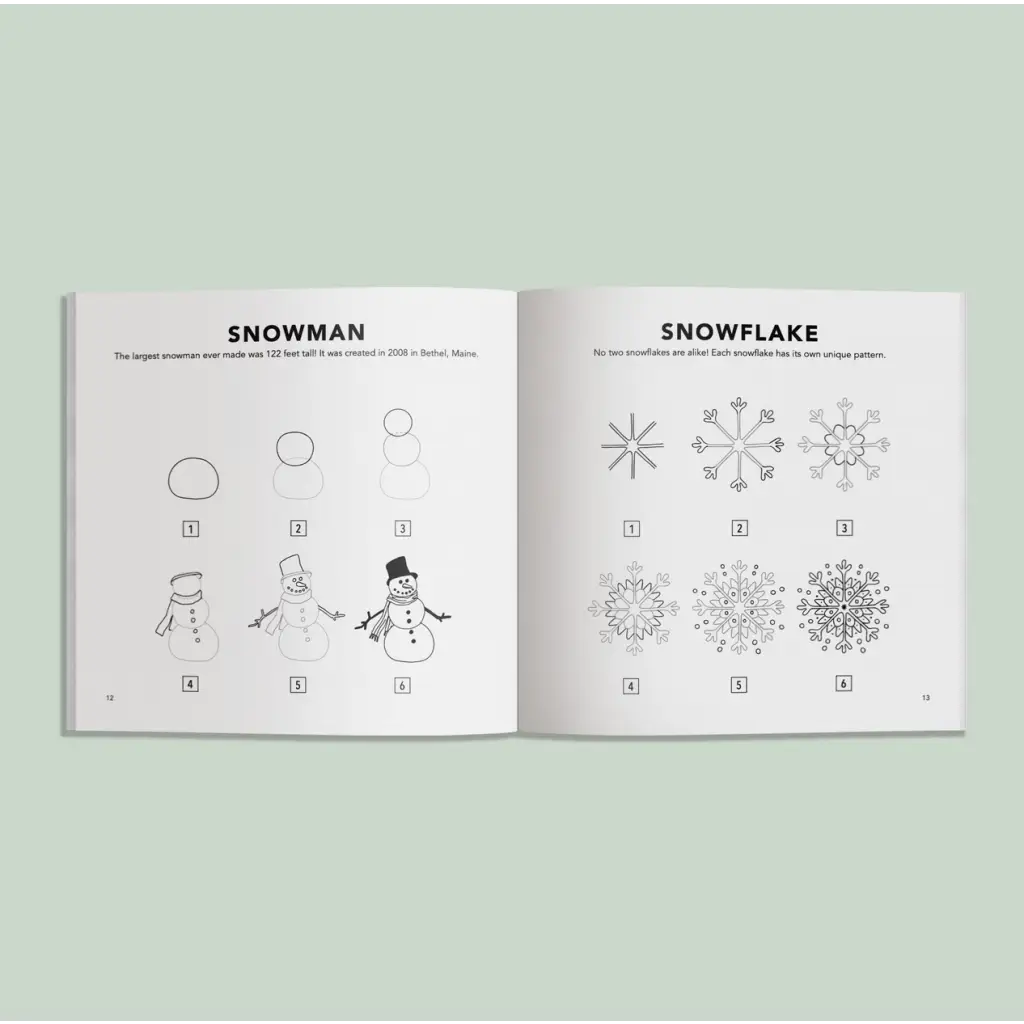 Step-by-step drawing lessons for snowmen and snowflakes in Winter Things book