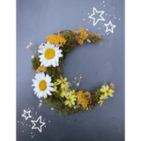Crescent moon wreath with white yellow flowers and moss from Witching Hour Craft Workshop