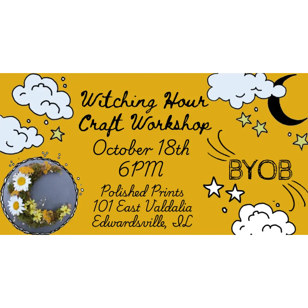 Flyer for Witching Hour Craft Workshop featuring polished prints and stylish womens clothes