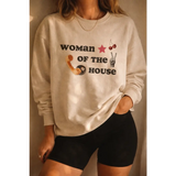Cream-colored oversized sweatshirt with Woman of the House print, red star, cherries, peace sign. Ultra soft, polished prints