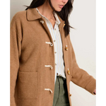 Stylish womens clothes: Woman in brown duffle car coat with toggles and striped shirt