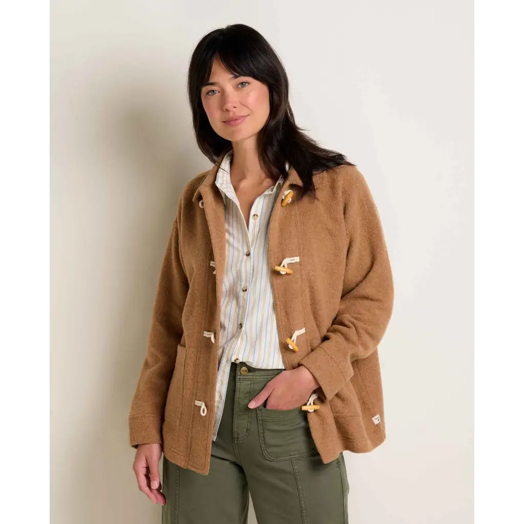Stylish womens clothes brown fleece duffle coat with toggle closures over striped shirt