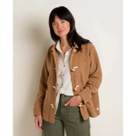 Stylish womens clothes brown fleece duffle coat with toggle closures over striped shirt