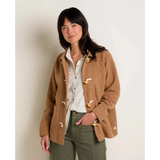 Stylish womens clothes brown fleece duffle coat with toggle closures over striped shirt