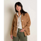 Stylish womens clothes brown fleece duffle coat with toggle closures over striped shirt
