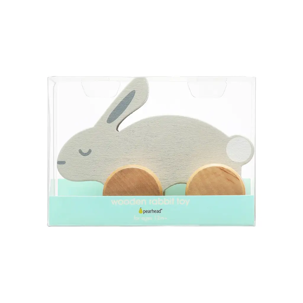 Pale gray wooden bunny push toy teether with orange feet in clear plastic