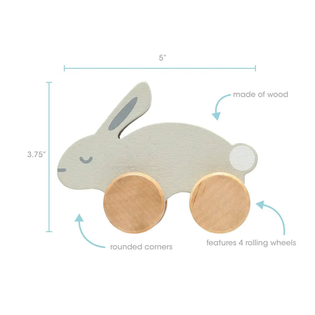 Cute 5-inch wooden bunny push toy with pink ears and rolling wheels