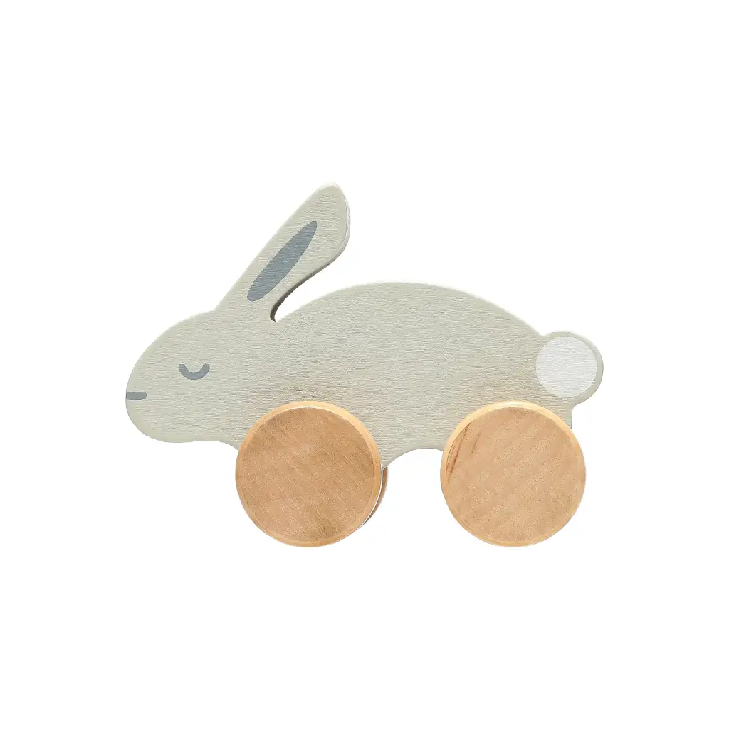 Charming wooden bunny push toy with gold wheels and white accents