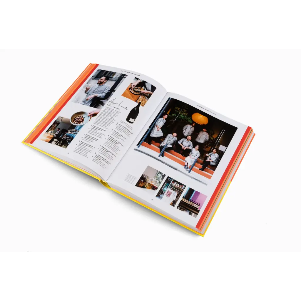 Open book showcasing photographs and text on changing conventional habits with orange accents