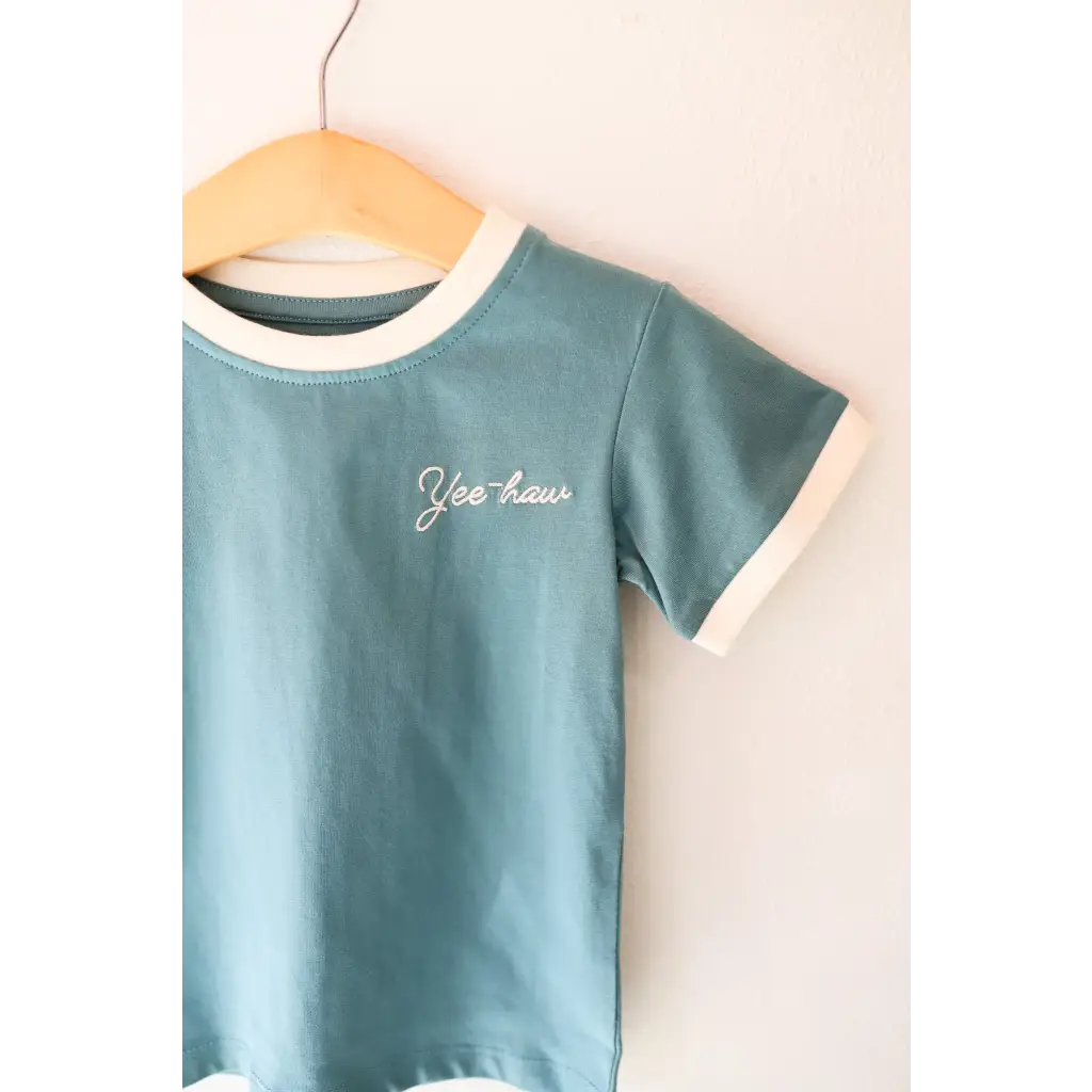 Blue embroidered ringer tee with Yee-haw design, made from organic cotton