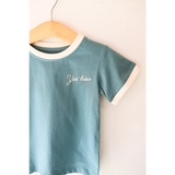 Blue embroidered ringer tee with Yee-haw design, made from organic cotton