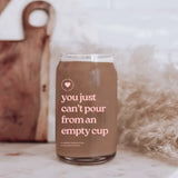 Brown beverage can with text about self-care and Favorite Juice Glass for Planned Parenthood