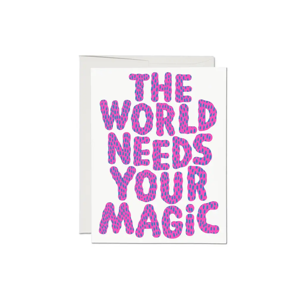 Purple and pink patterned Your Magic encouragement greeting card with polished prints